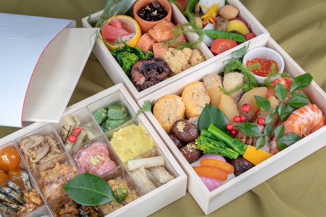 Boxes containing Osechi Ryori, containing traditional foods eaten during the New Year.