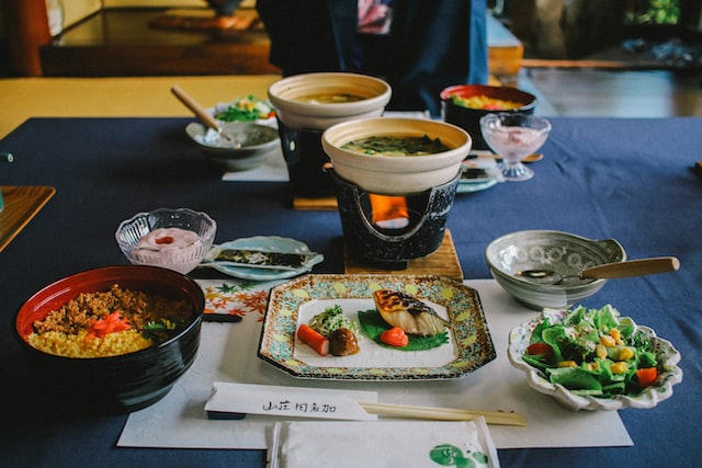 A kaiseki meal featuring an assortment of fresh, seasonal ingredients.