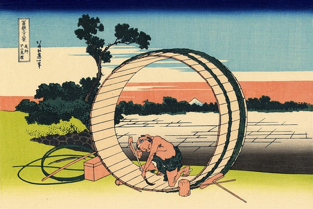 Japanese art depicting a barrel--maker