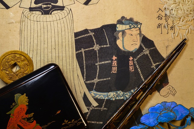 A woodblock print art depicting a man in a black kimono